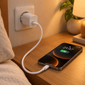 OREFIA 40W USB-C fast charger charging an iPhone on a nightstand