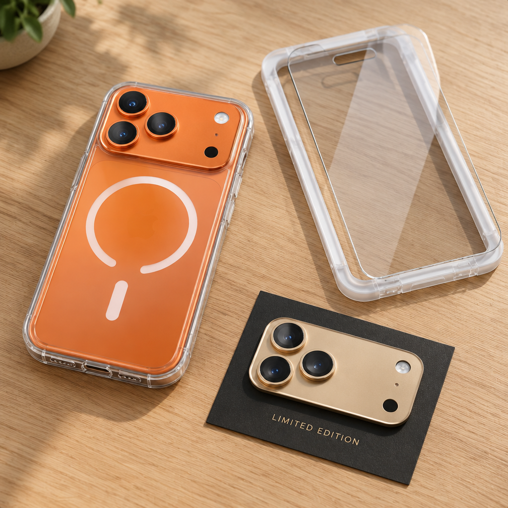 OREFIA ComfortView screen protector, clear MagSafe case and Limited Edition gold camera shield