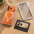 OREFIA ComfortView screen protector, clear MagSafe case and Limited Edition gold camera shield