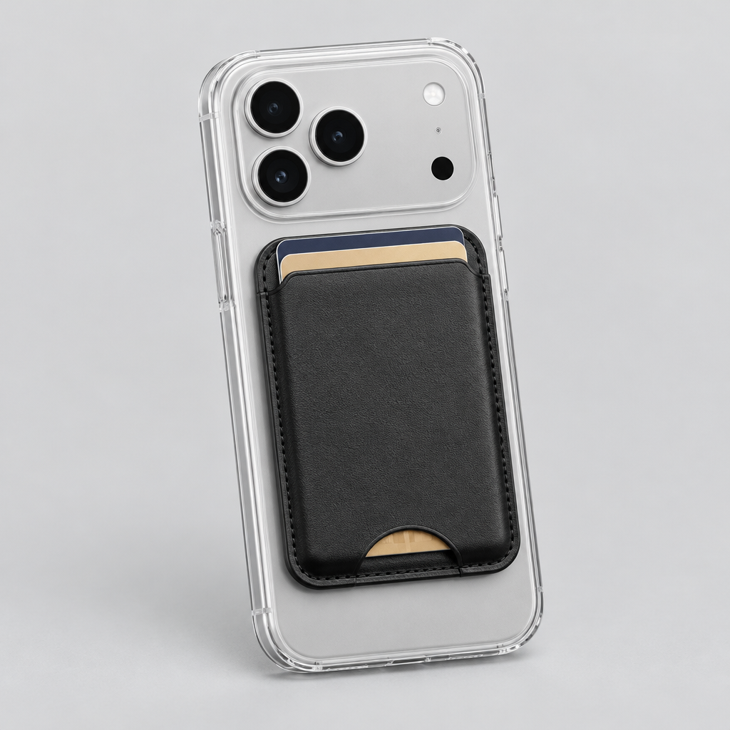 OREFIA MagSafe card wallet on the back of an iPhone