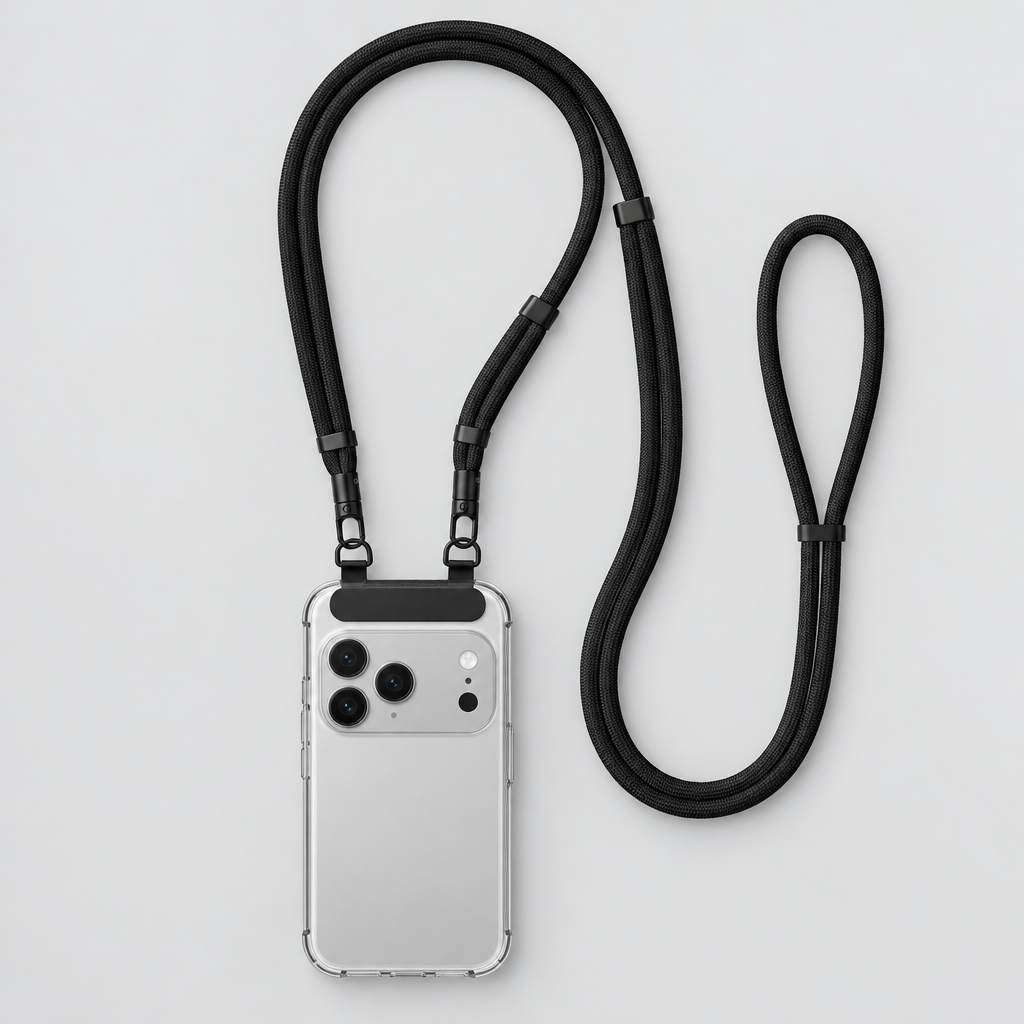 iPhone hanging from the OREFIA crossbody phone strap