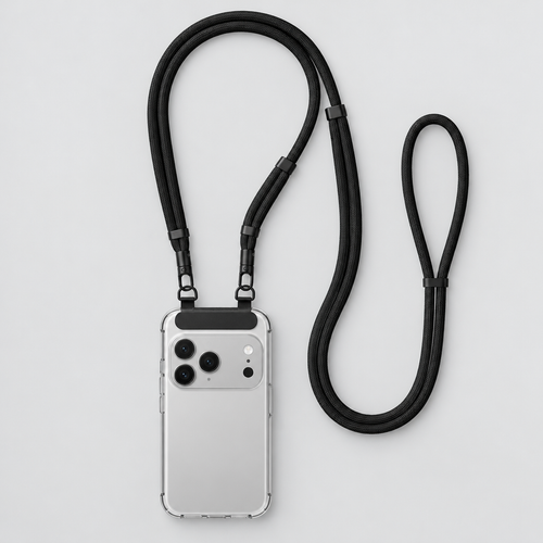 iPhone hanging from the OREFIA crossbody phone strap